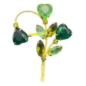 Green rhinestones gold tone vintage flower brooch pin